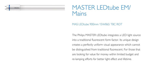 Philips 3ft (900mm) LED Tube, 15w, 6500K, 1575LM With Rotating Caps (EM Starter / Mains)