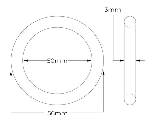 56mm OD x 50mm ID x 3mm Cross Section Black Nitrile (NBR) Rubber Metric O-Rings, 70A Shore Hardness