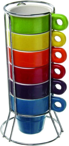 Universal Stackable Espresso Coffee Mugs Set – 6 Ceramic Cups with Space-Saving Metal Stand – Stylish and Durable – Perfect for Home or Office