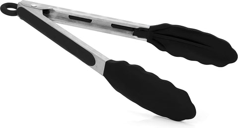 Granny's Kitchen Silicone and Stainless Steel Tongs - Scratch-Resistant Easy Grip Handle for Cooking Serving Meat Barbecue Salad Buffet - 9 inches - Black