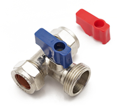WRAS Approved Washing Machine Valve & Tee Handle – 15mm Compression x 15mm Compression x 3/4" BSP Male (Includes Interchangeable Blue & Red Handles)