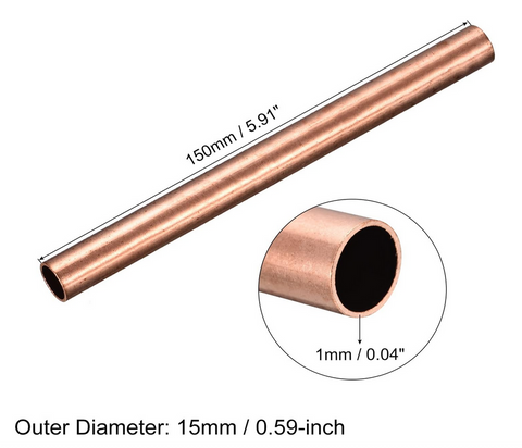15mm OD Copper Tube, 1mm Wall Thickness, 150mm Length, Round Pipe Tubing for Industry, DIY Projects