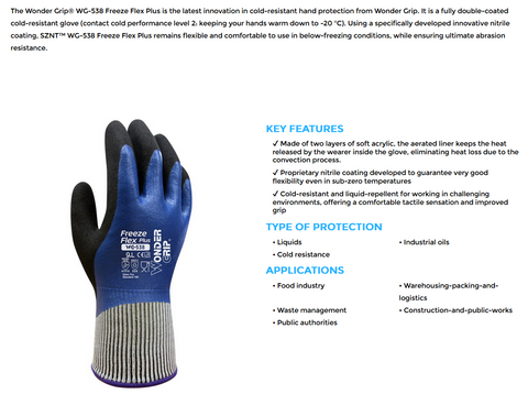 Wonder Grip WG-538 Freexe Flex Plus Gloves