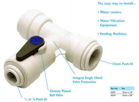 15mm x 15mm x 1/4" Pushfit Tee & Shut Off Valve