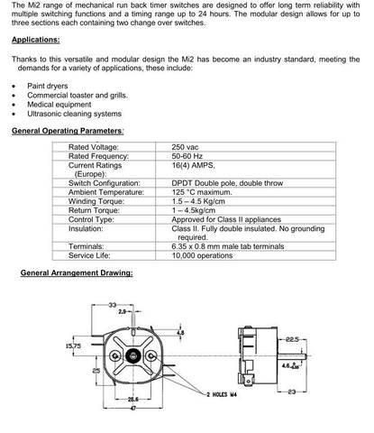 250v, 50/60 Hz Run Back Timer, 0-12 Hour (MI2 Style) For Paint Dryers, Heaters, Ovens, Saunas, Ultrasonic Equipment, Grills, Barbecues etc.