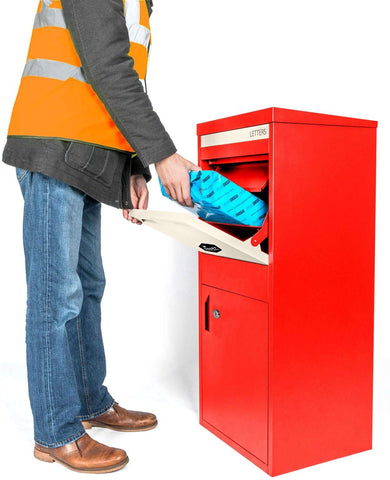 Large Red Smart Secure Parcel Box For Secure Multiple Internet Deliveries (Wall, Floor, Gate, Fence, Mounting, Weatherproof, Front & Rear Access Doors, Outdoor Delivery Box (W415 x D385 x H1025 mm)
