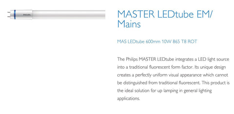 Philips 2ft (600mm) LED Tube, 10w, 6500K, 1050LM With Rotating Caps (EM Starter / Mains)